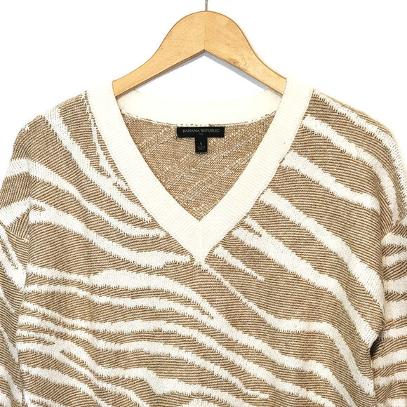 Banana Republic Zebra Print V Neck Sweater Tan Cream Animal Print Chic Cozy S - Picture 2 of 13
